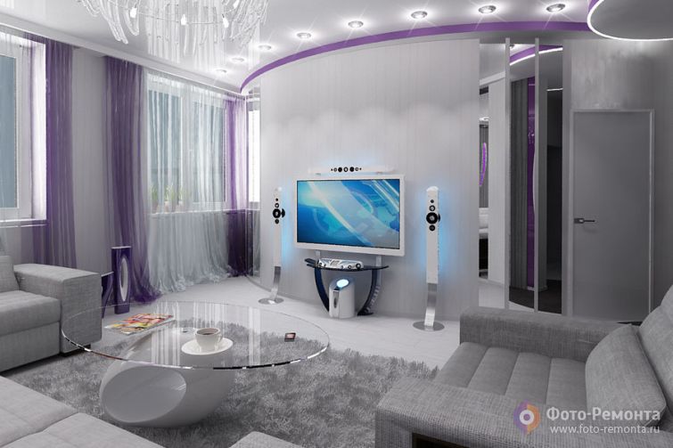Интерьер гостиной с фиолетовыми акцентами