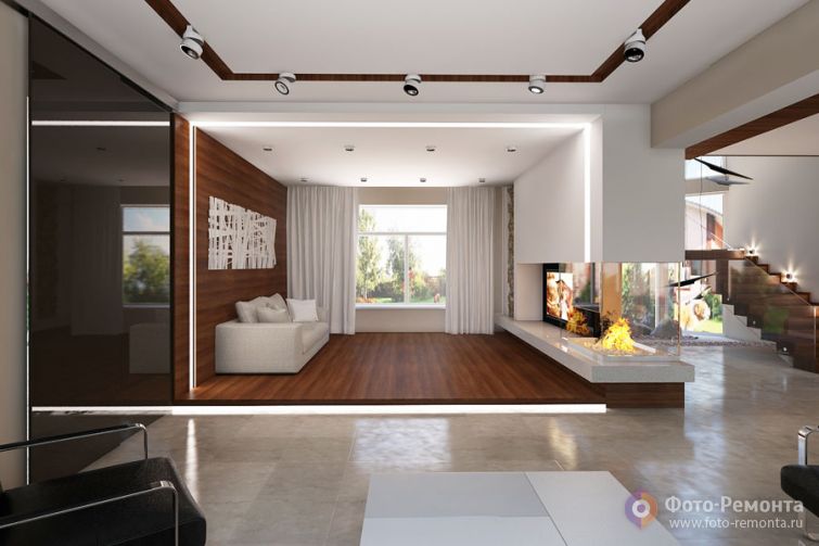 Дом в Риге: зал, совмещенный с кухней и прихожей