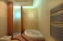 Мозаичная плитка в ванной в отделке подиума и душа